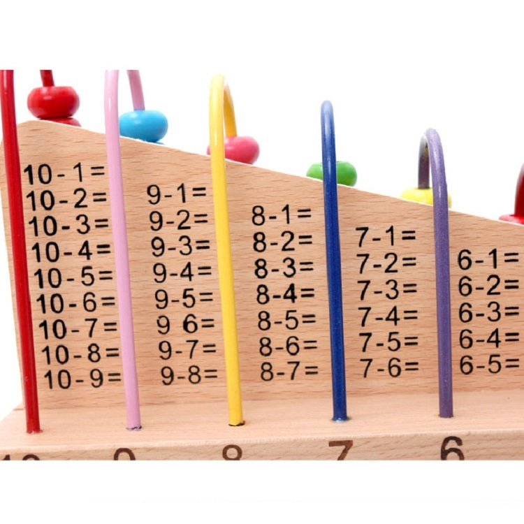 Close-up of wooden bead frame showing subtraction equations on colored rods