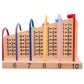 Wooden bead math frame with equation text on colored rods and numbered base 6–10