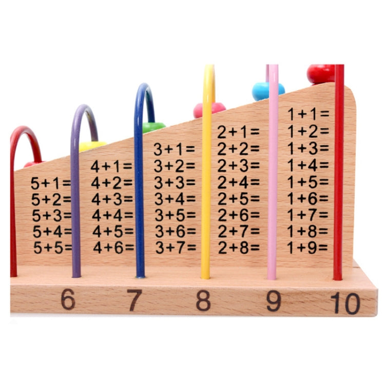 Wooden bead math frame with equation text on colored rods and numbered base 6–10