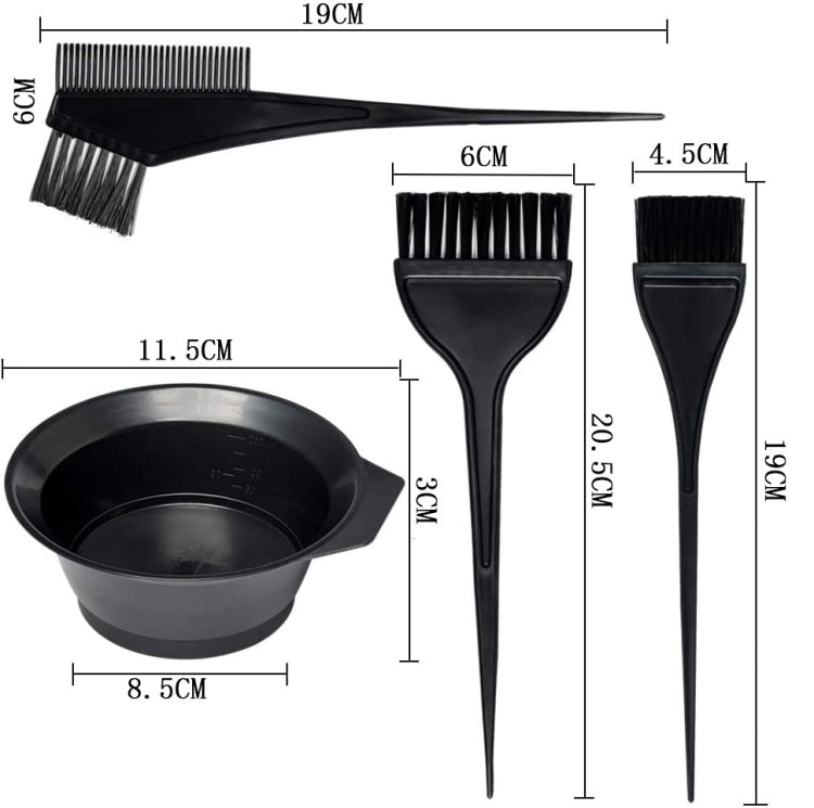 Hair dye tool set dimensions: combs, brushes, and mixing bowl for mixing dye