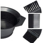 Black dye mixing bowl with brushes and combs, shown with close-up bristle detail
