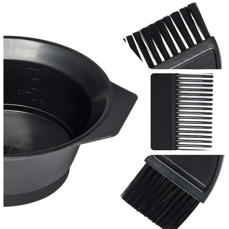 Black dye mixing bowl with brushes and combs, shown with close-up bristle detail