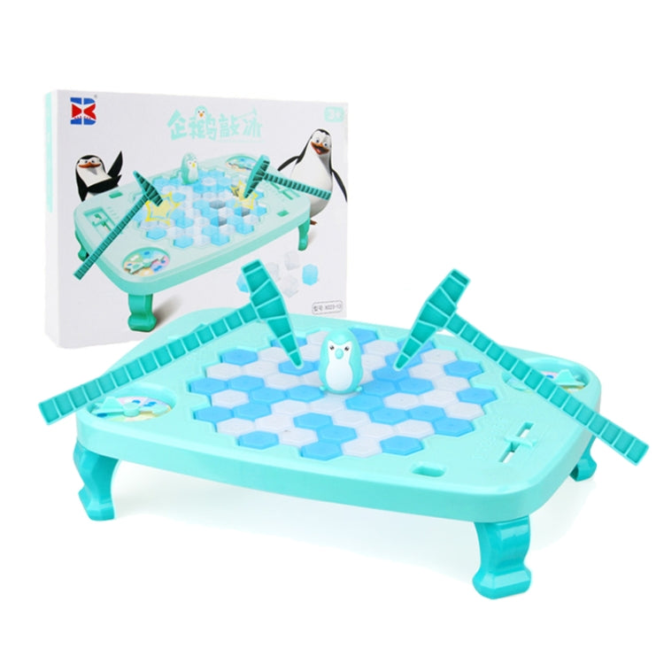 Blue penguin interactive tabletop game with hexagon board and penguin figure, with side rails