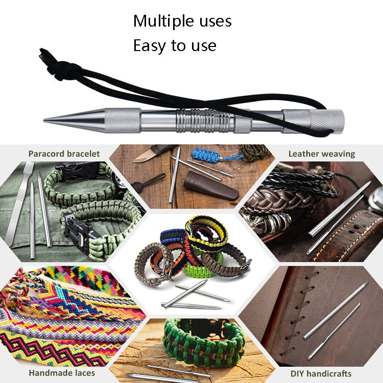 Marlin spike rope needle weaving tool with cord shown with multiple DIY craft uses