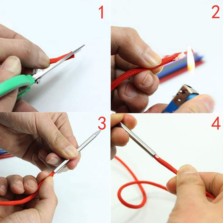 Hands using a marlin spike rope needle tool with a red cord for weaving