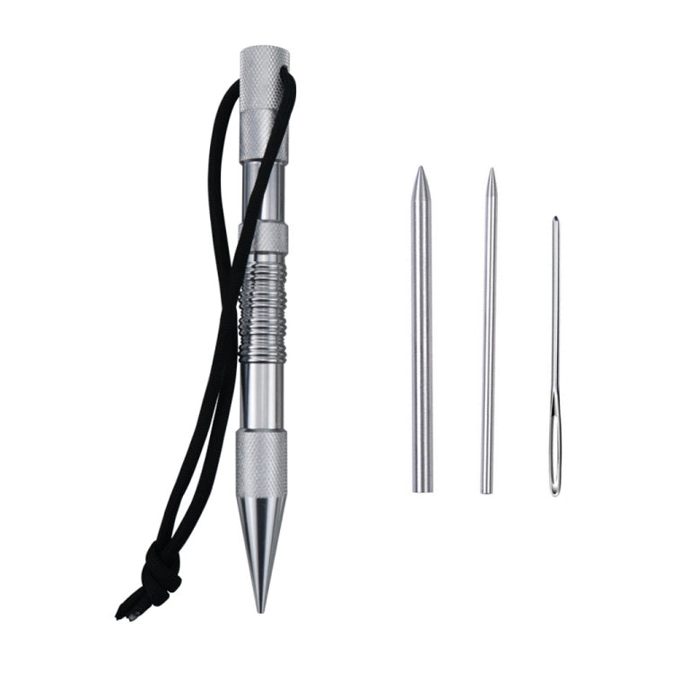 Marlin spike bracelet weaving tool set with silver tools, black rope cord, and needles