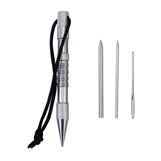 Marlin spike bracelet weaving tool set with silver tools, black rope cord, and needles