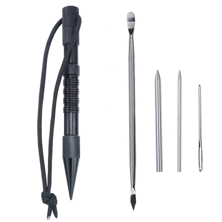 Marlin spike bracelet weaving tool set with black cord, silver needle pieces, and spike