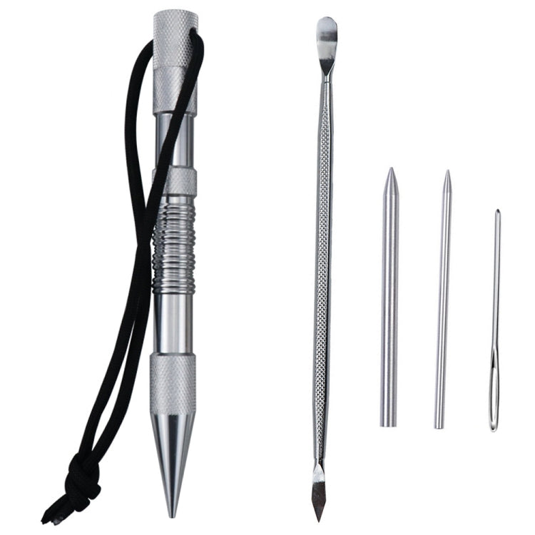 Marlin spike bracelet weaving tool set with silver tools, black rope cord, and needles