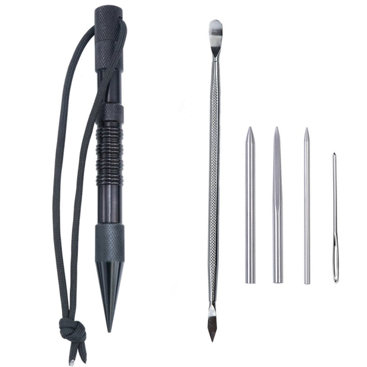 Marlin spike bracelet weaving tool set with black tools, black rope cord, and needles