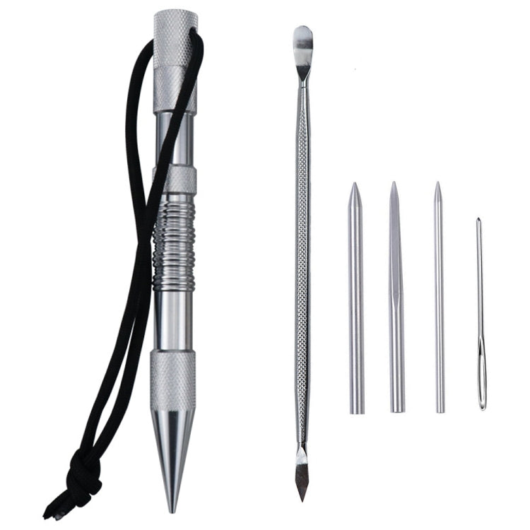 Marlin spike bracelet weaving tool set with silver tools, black rope cord, and needle set