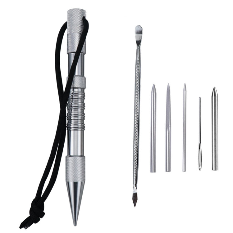 Marlin spike bracelet weaving tool set with silver spike, black rope cord, and metal needles