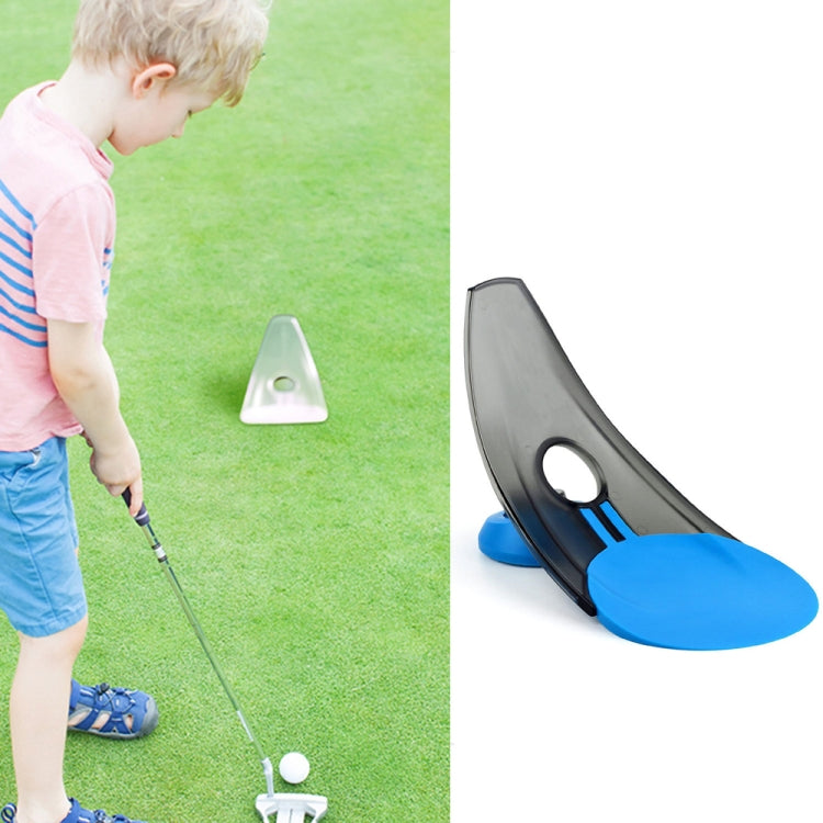 Blue and black golf putting trainer with sloped track and round target opening