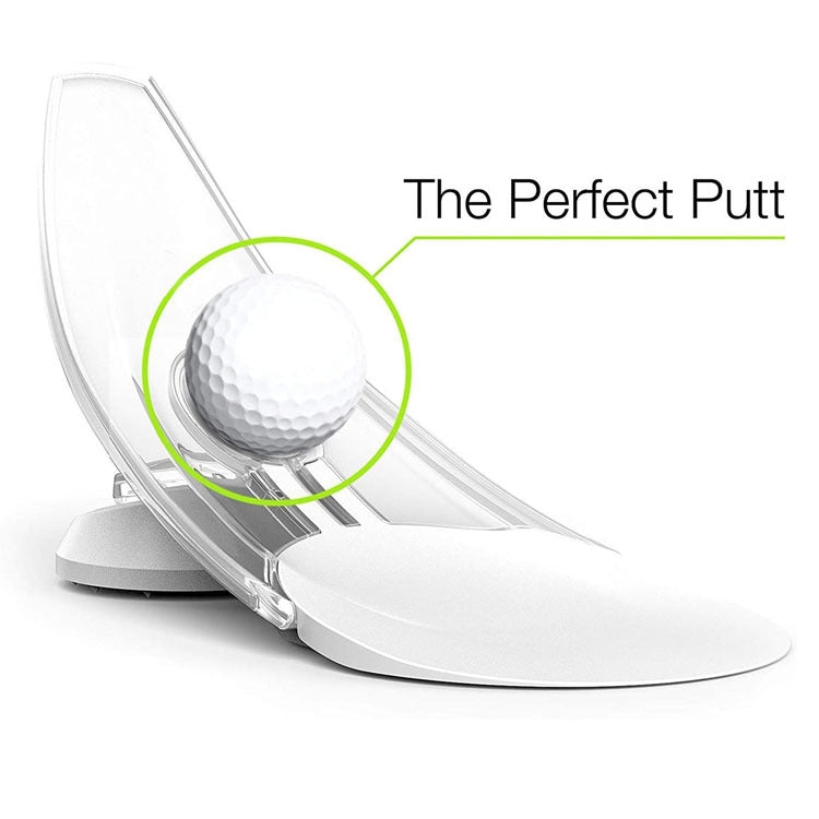 White golf putting trainer with clear track and golf ball in target circle
