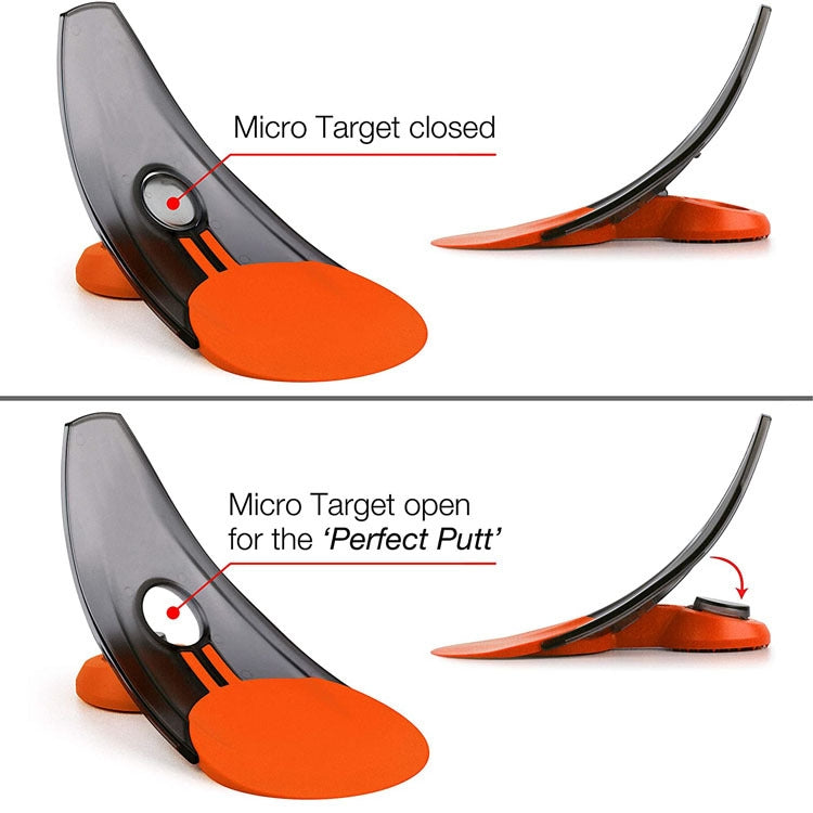 Orange and black golf putting trainer showing closed and open target positions