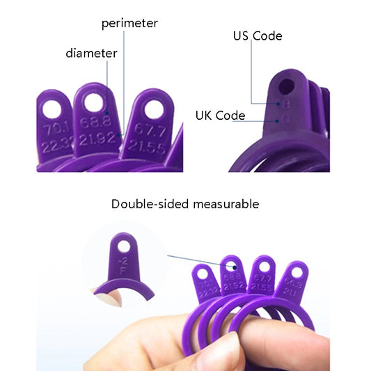 Purple plastic circle measurement tool with size codes and diameter markings