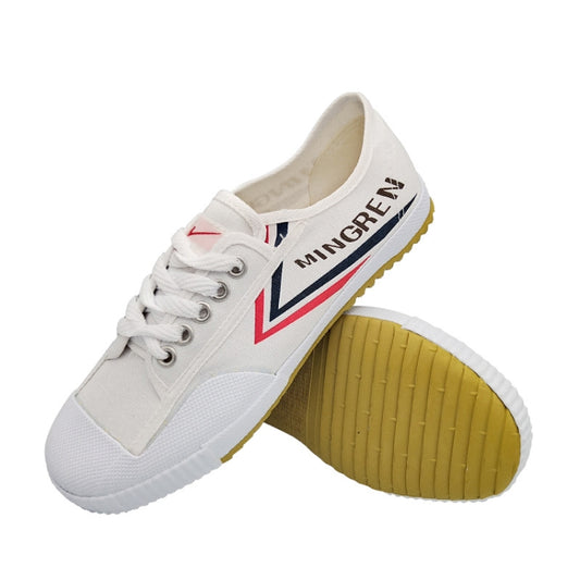 White canvas track shoes with lace-up front and MINGREN side graphic, yellow tread sole