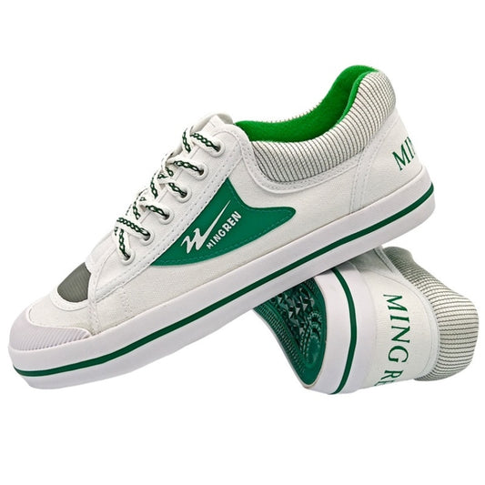 White and green retro canvas sneakers with lace-up front and low-profile sole
