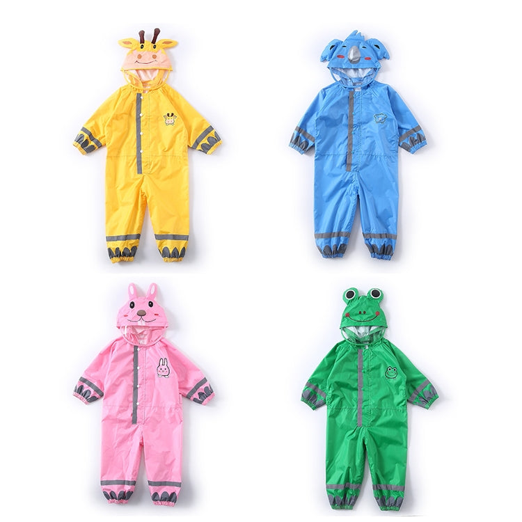 Children's hooded one-piece raincoat set in yellow, blue, pink, and green with animal hoods