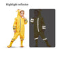 Yellow hooded one-piece raincoat with reflective bands and front zipper