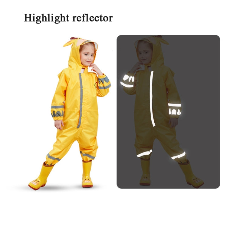 Yellow hooded one-piece raincoat with reflective bands and front zipper