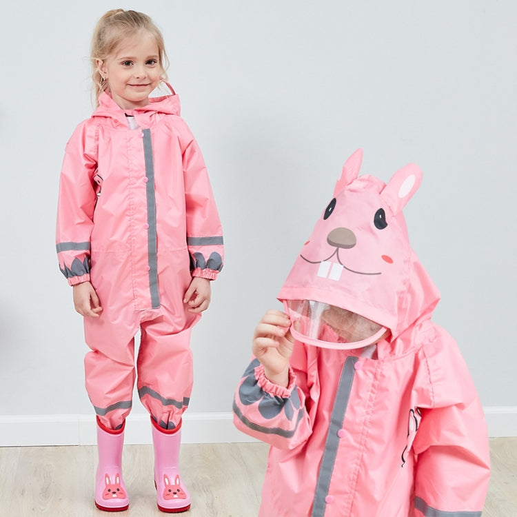 Pink hooded one-piece raincoat with animal face hood and reflective side stripes