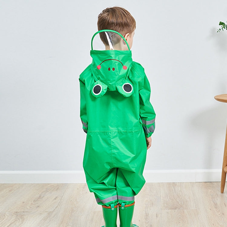 Green hooded one-piece raincoat with frog-face hood and reflective trim