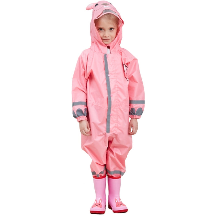 Pink kids one-piece raincoat with hood, full-length zipper, reflective bands