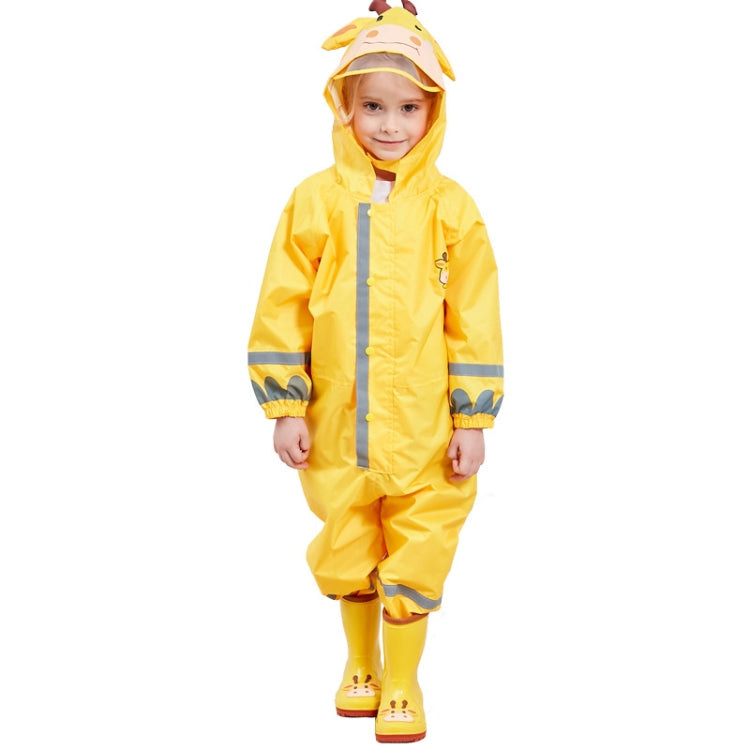 Yellow kids one-piece raincoat with hood, center zipper, reflective stripe cuffs