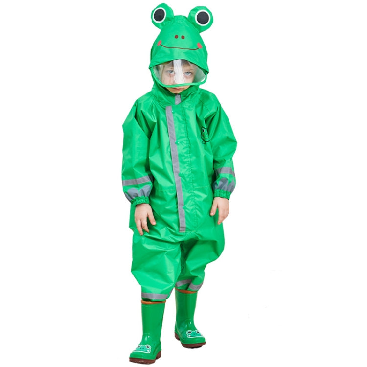 Green frog-hood kids one-piece raincoat with full zipper front and reflective trim
