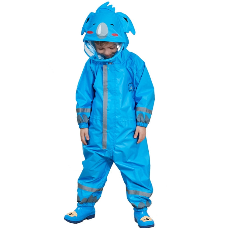 Blue animal-hood kids one-piece raincoat with center zipper, reflective bands
