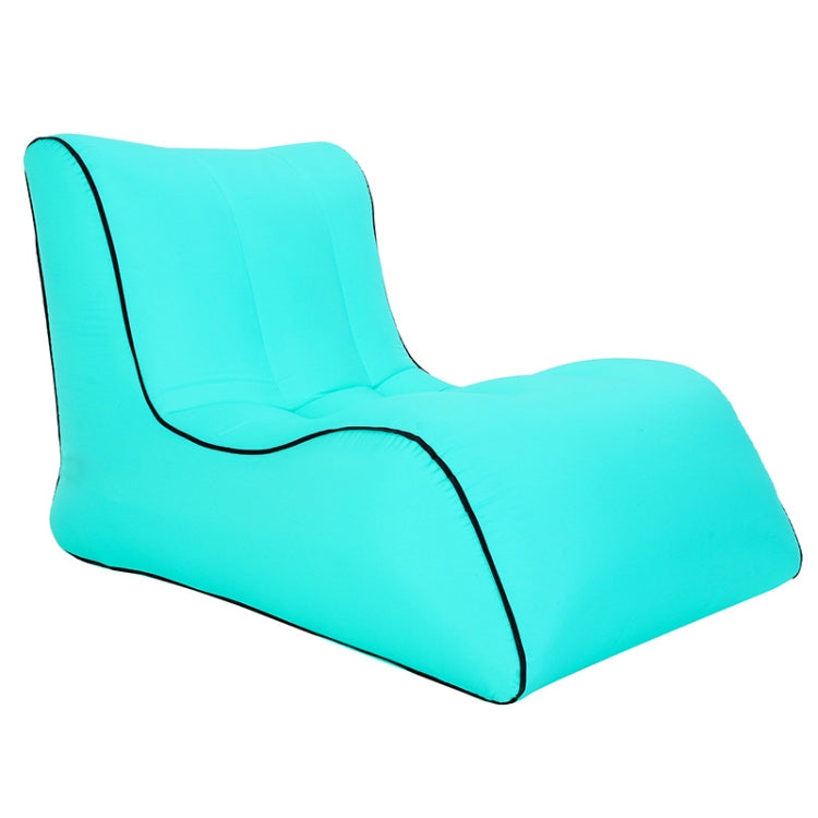 Single inflatable lounge sofa, light turquoise with black piping and curved backrest.