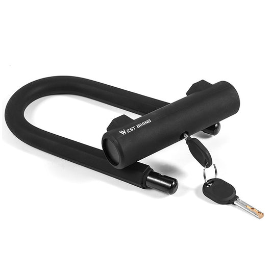Black U-shaped lock with cable loop and two keys