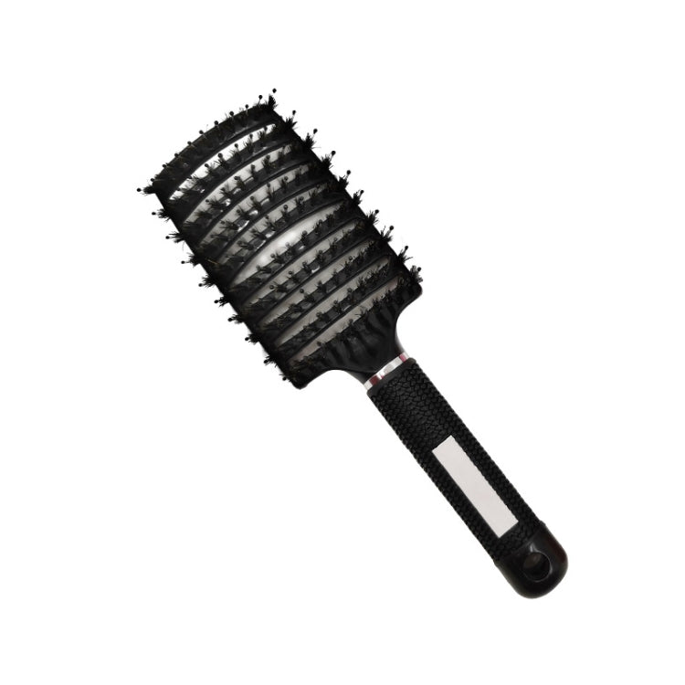 Curved hair brush comb with black bristles and black textured handle, massage pins