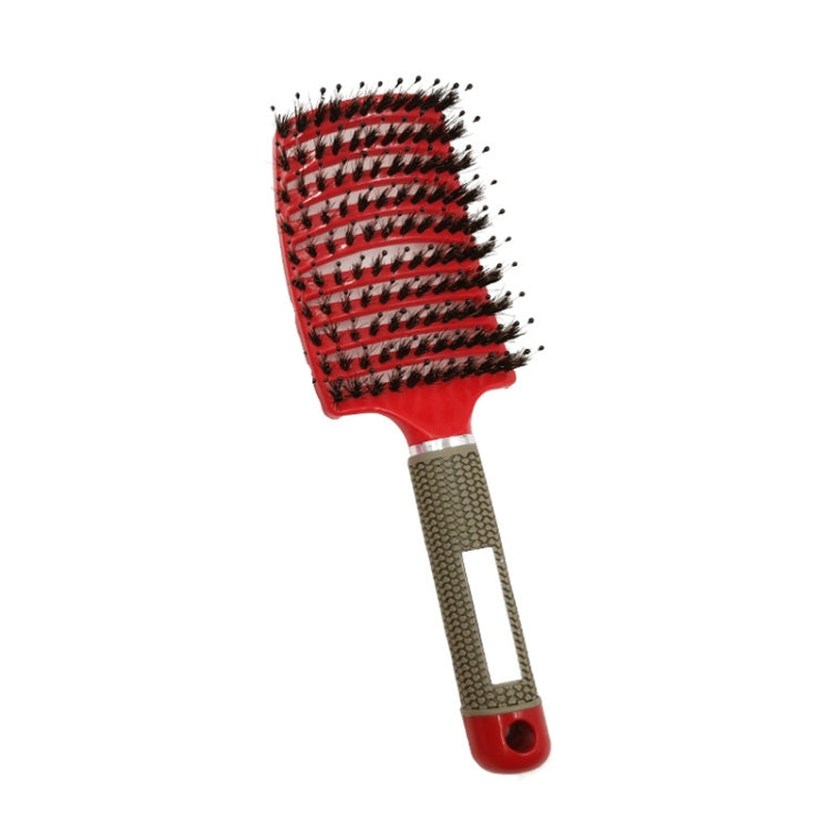 Curved hair brush comb with red bristles and red end cap, beige textured handle