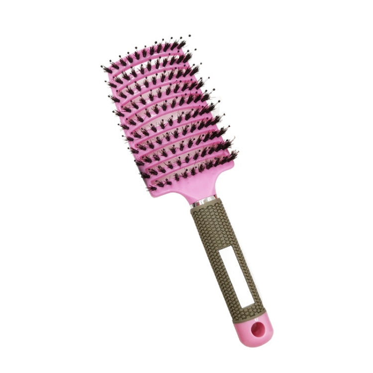 Curved hair brush comb with pink bristles and pink end cap, beige textured handle