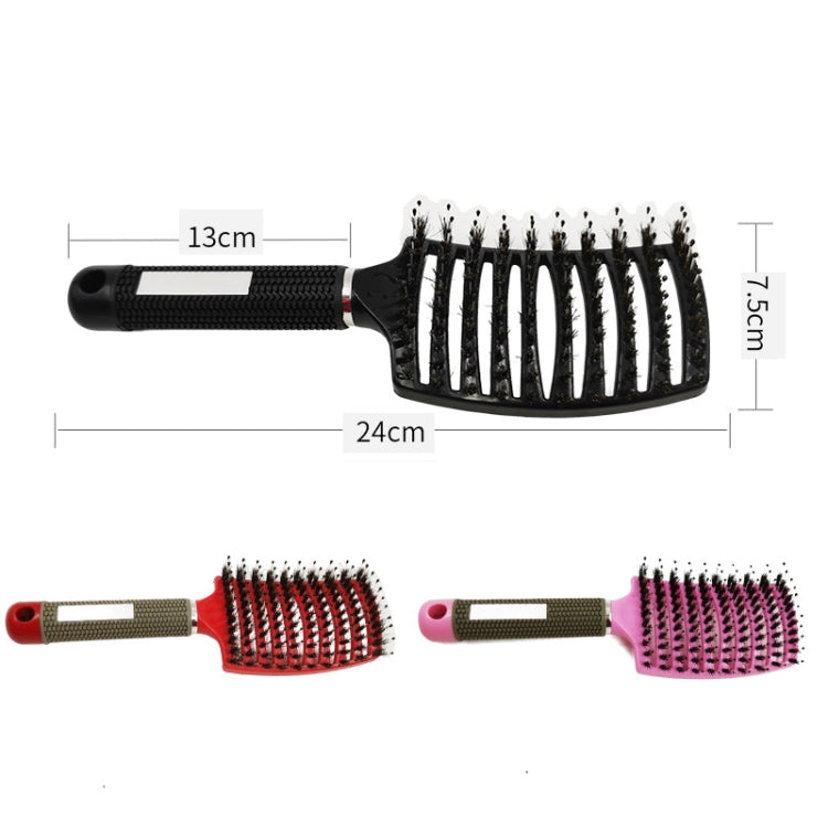 Curved hair brush comb with bristle rows; shows 13 cm length, black and pink handle variants