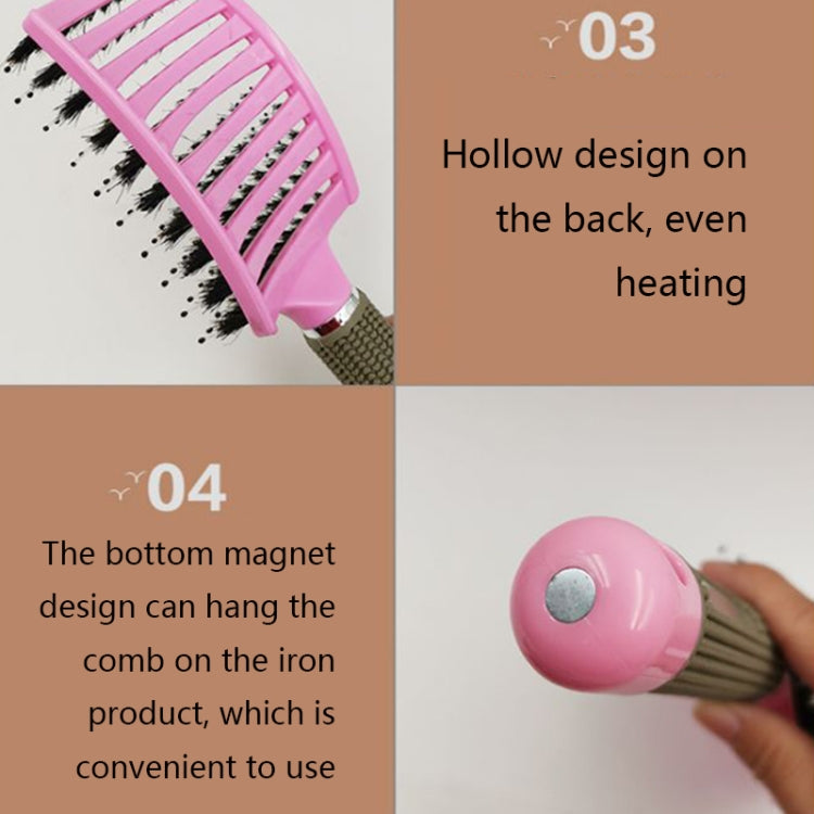 Pink hair brush comb head with bristle rows on beige textured handle with rounded end