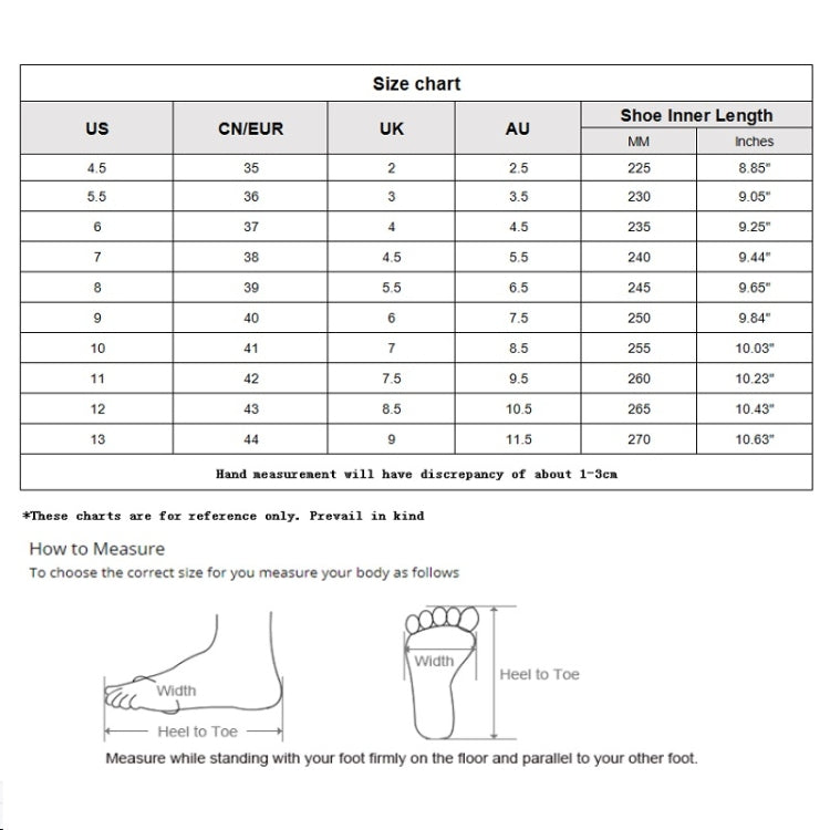 Size chart for sneaker fit, with US and CN/EUR inner length in inches
