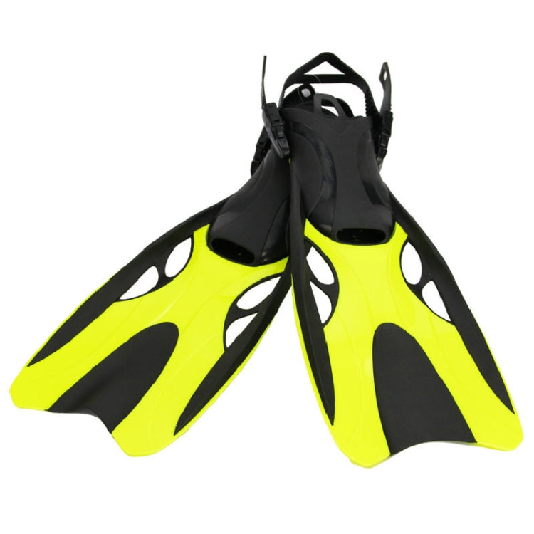 Adjustable swimming diving fins, neon yellow with black foot pocket and open heel