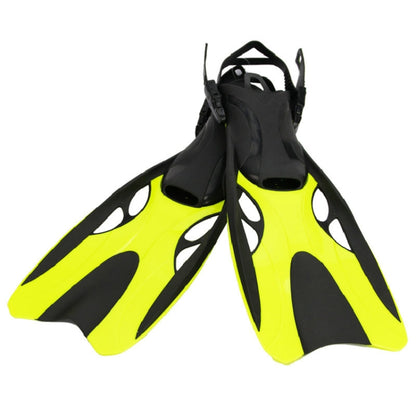 Adjustable swimming diving fins, neon yellow with black foot pocket and open heel