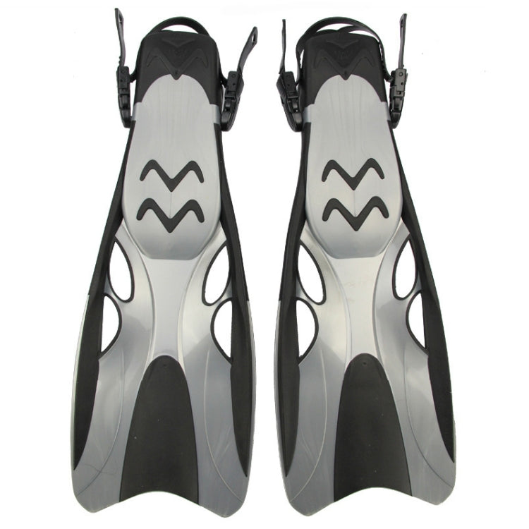 Adjustable swimming diving fins, silver-gray with black accents and open-heel design
