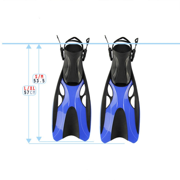 Adjustable swimming diving fins, blue with black foot pocket and adjustable buckle straps