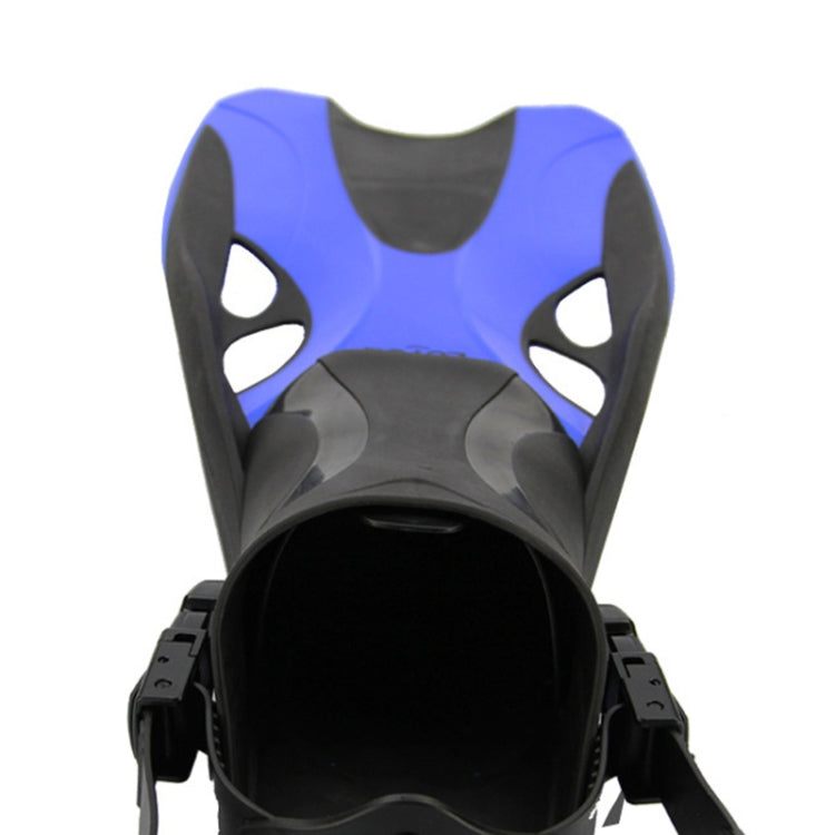 Adjustable swimming diving fins, blue blade with black foot pocket and two strap buckles