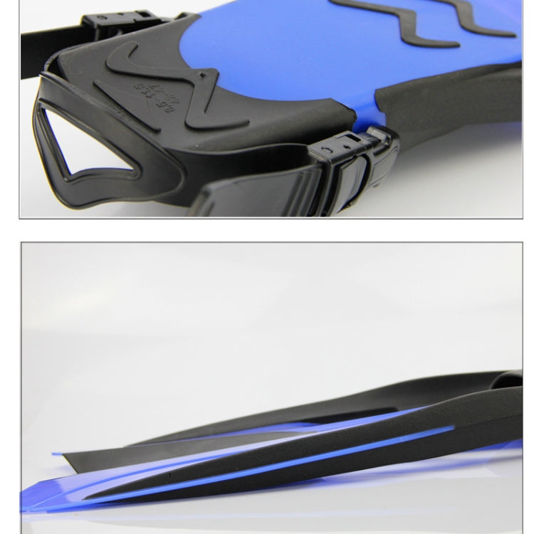 Adjustable swimming diving fins, blue fin blade with black traction and adjustable straps