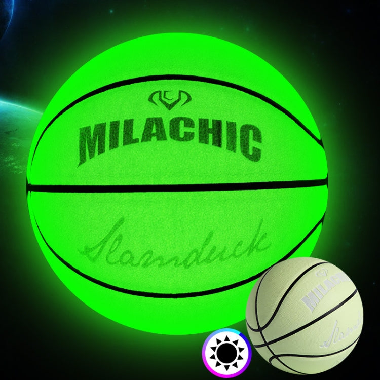 Fluorescent green reflective basketball with holographic shine, MILACHIC logo, front view