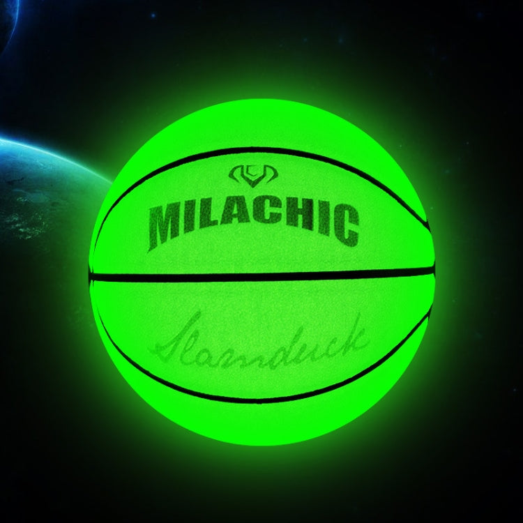 Fluorescent green reflective basketball, front view with black seam and holographic glow