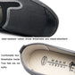 Slip-on work shoe close-up of textured upper and cushioned interior lining