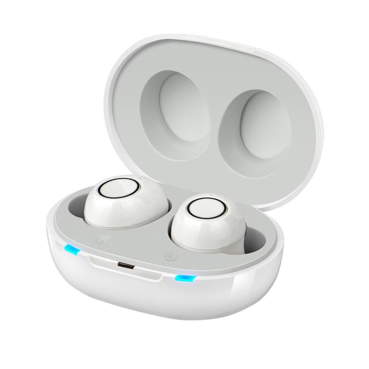Wireless hearing aid earbuds with open charging case, white earbuds and oval ear housings