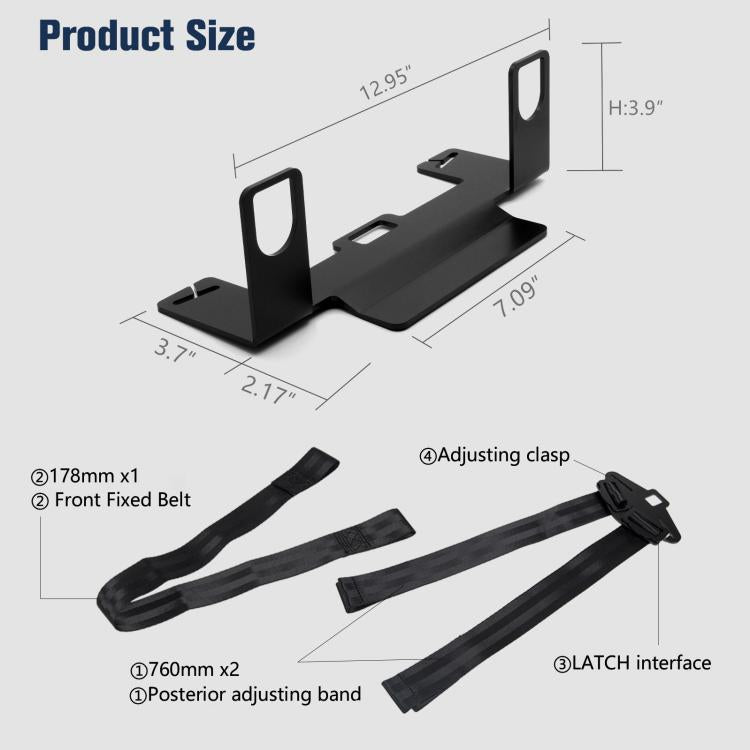 Black ISOFIX latch anchor bracket with polyester belt straps and adjusting clasp